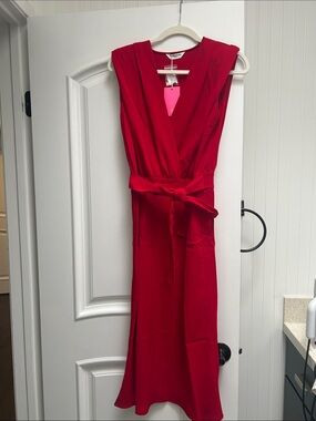 Amanda Uprichard Red Wrap-Style Midi Dress with Waist Tie